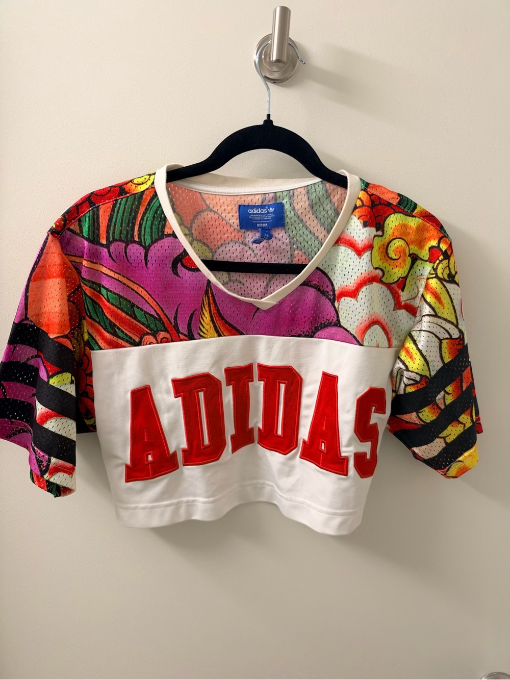 adidas Girls' Multicolor Floral Crop Jersey Top with Red Logo